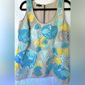 Lafaette 148 NY Embellished Sleeveless Top in Beige with Blue & Yellow Appliqué